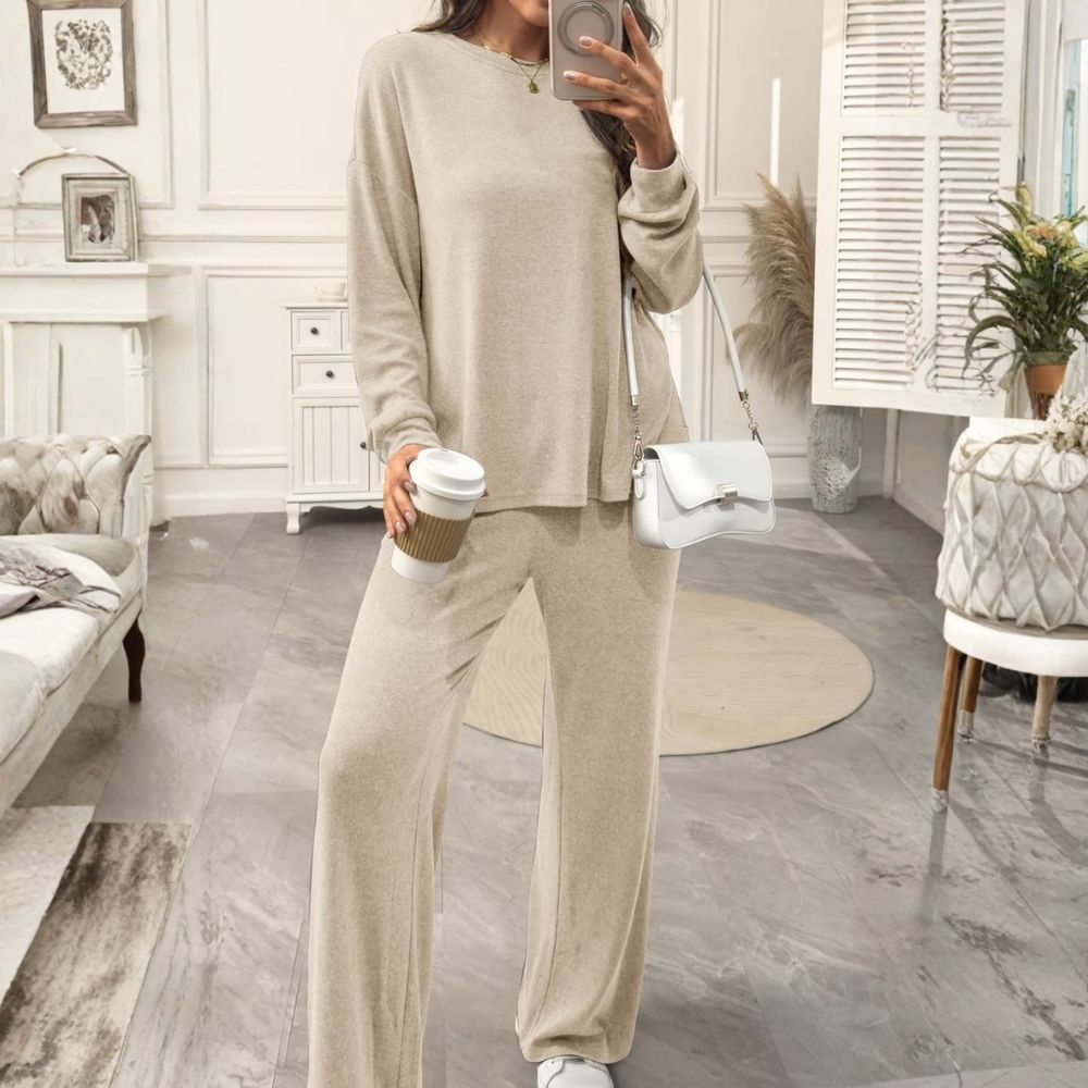 Womens Lounge Set 2025 Fall 2 Piece Outfits Long Sleeve Tops Wide Leg Long Pants