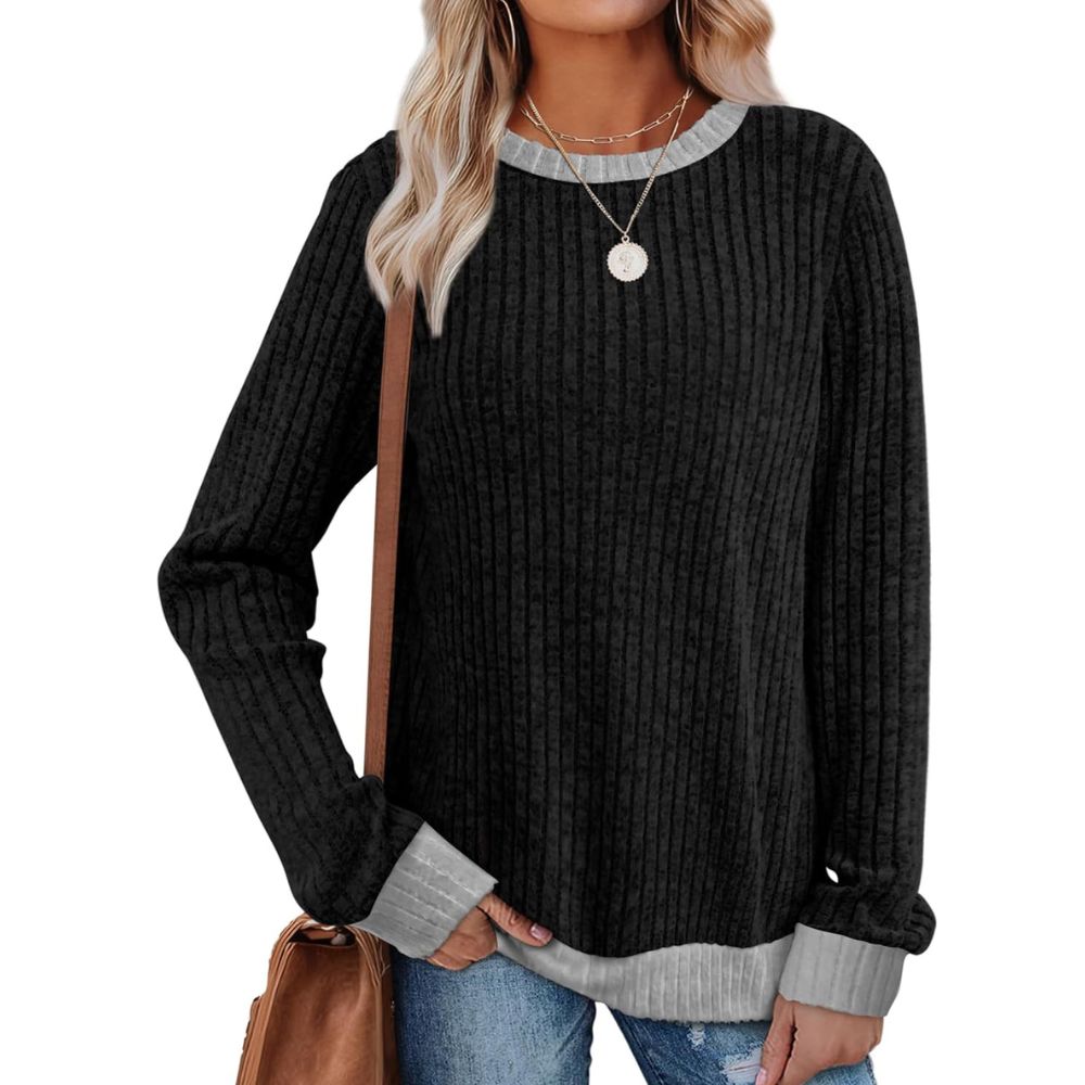 Tops Long Sleeve Shirts Lightweight Sweaters Loose Fit Crewneck Color Block