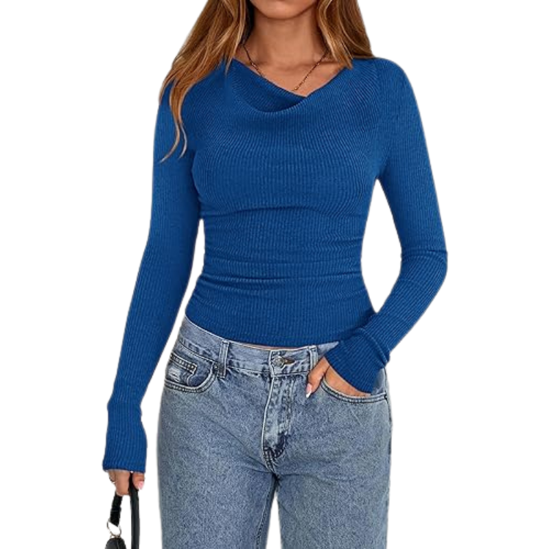 Womens Long Sleeve Cowl Neck Ribbed Knit Slim Fit Top