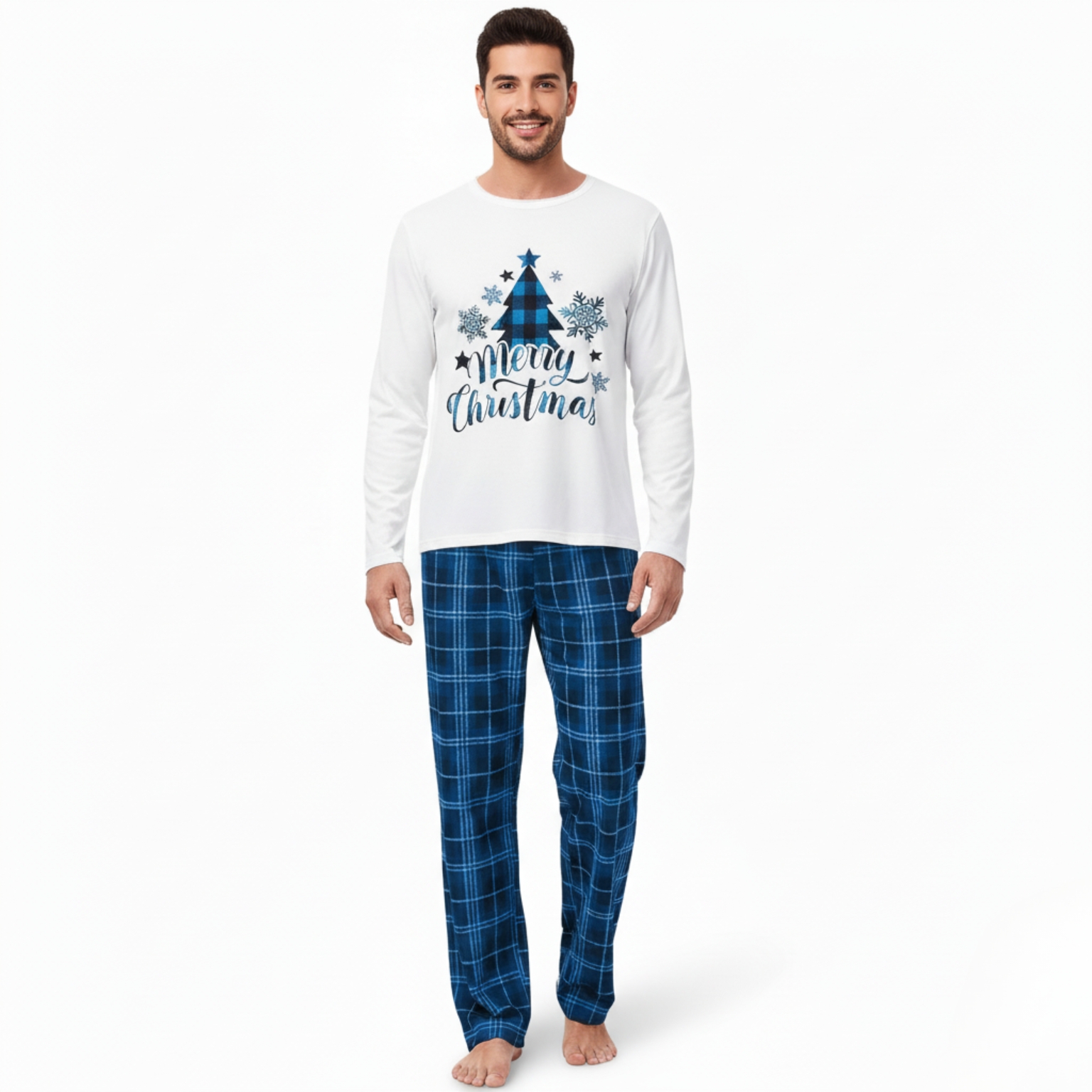 Blue Plaid Merry Christmas Family Matching Pajama Set