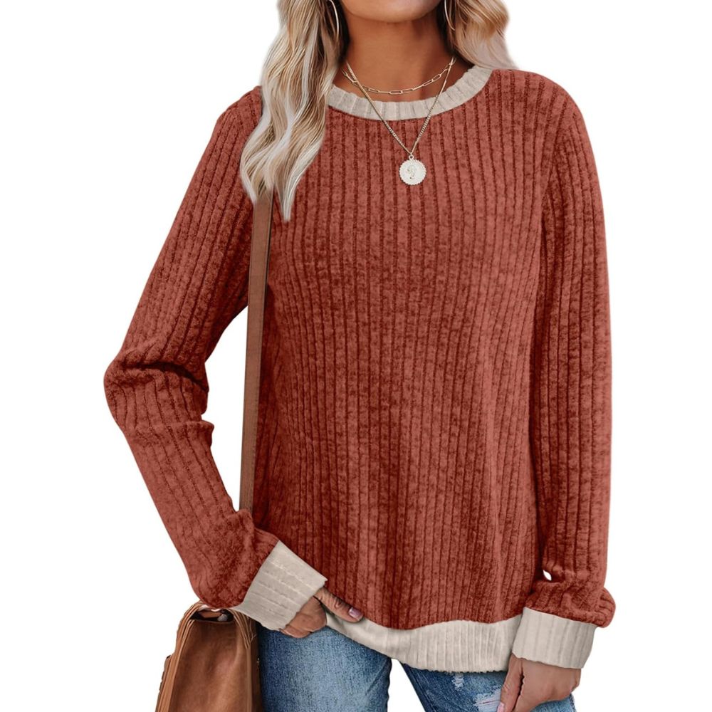 Tops Long Sleeve Shirts Lightweight Sweaters Loose Fit Crewneck Color Block