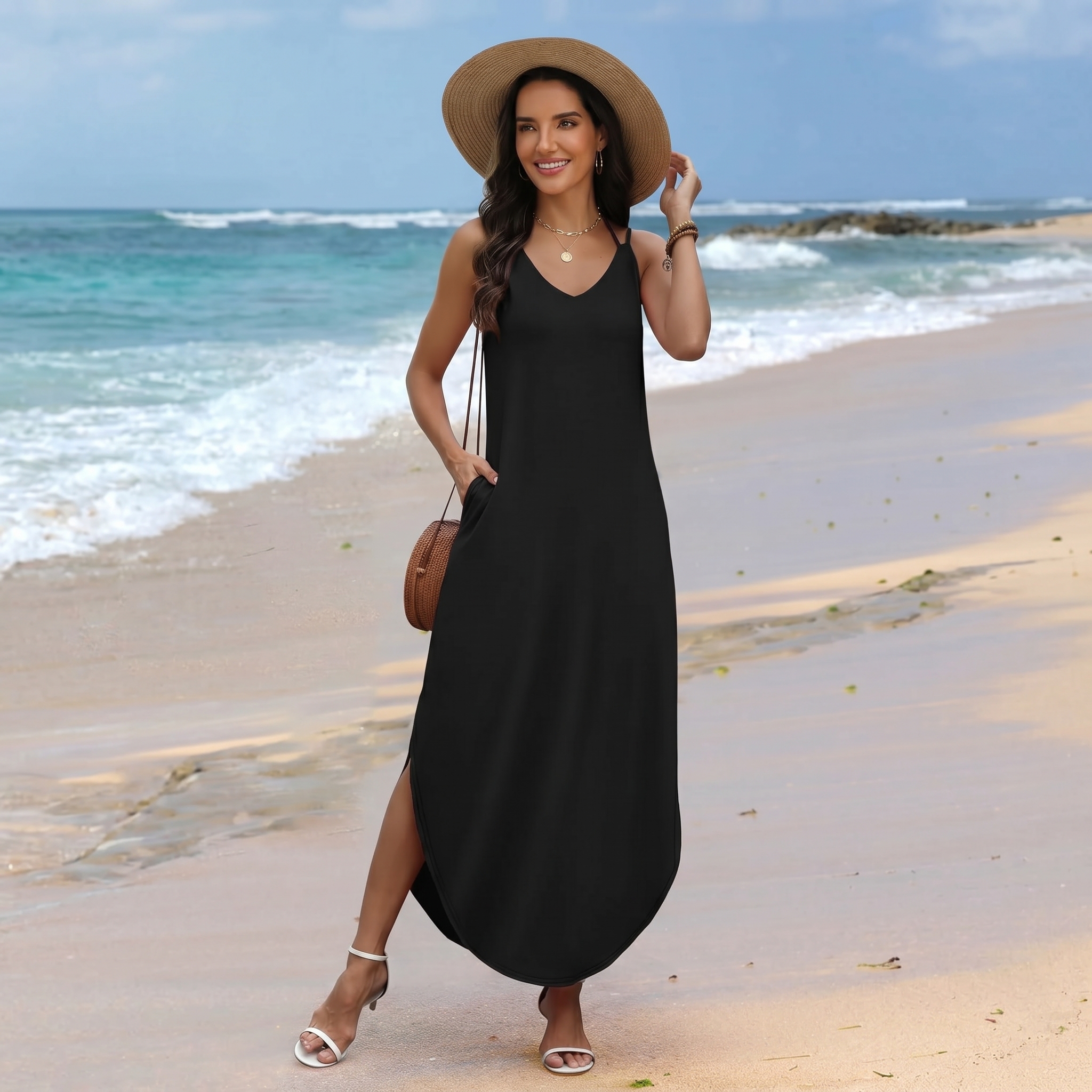 Boho Halter Maxi Sundress for Beach Vacation Travel