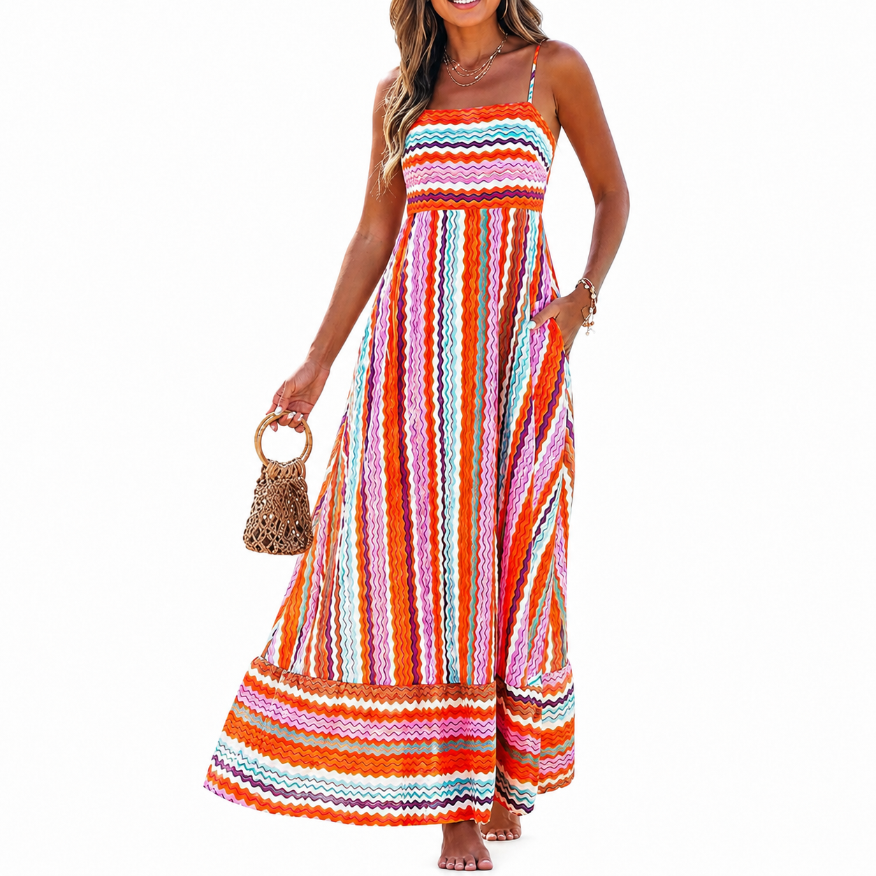 Casual Sleeveless Boho Beach Summer Maxi Dress With Spaghetti Strap For Women