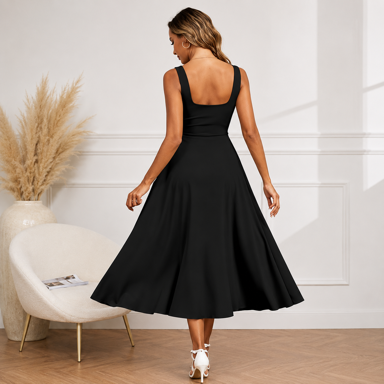 Sleeveless A Line Smocked Ruffle Flowy Maxi Dress 