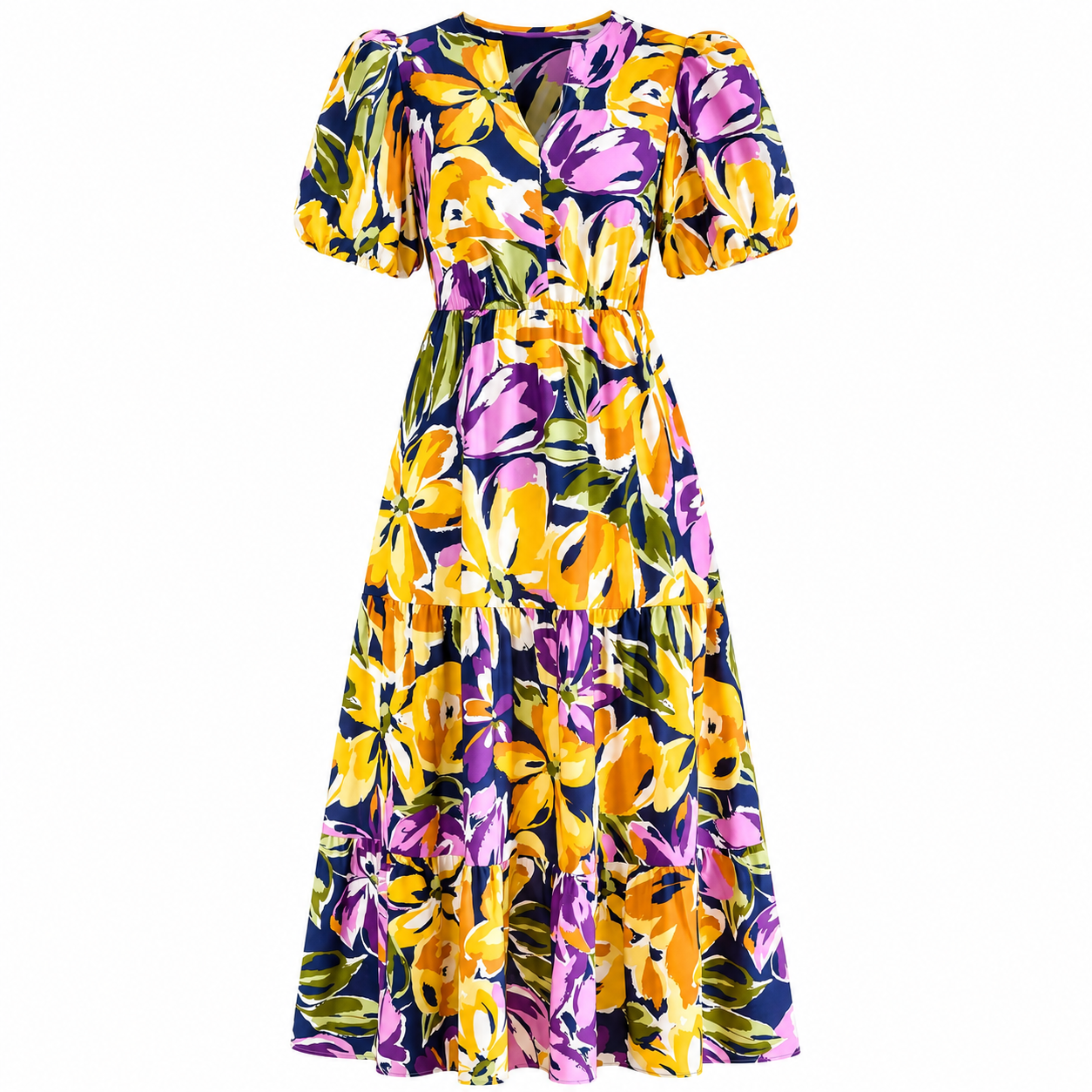 Puff Short Sleeve With Floral Design Ruffle Maxi Dress With Pockets