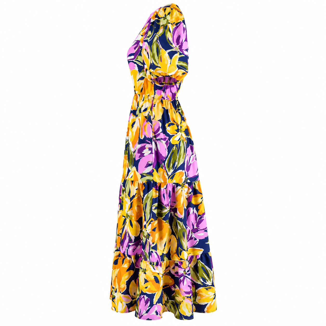 Puff Short Sleeve With Floral Design Ruffle Maxi Dress With Pockets