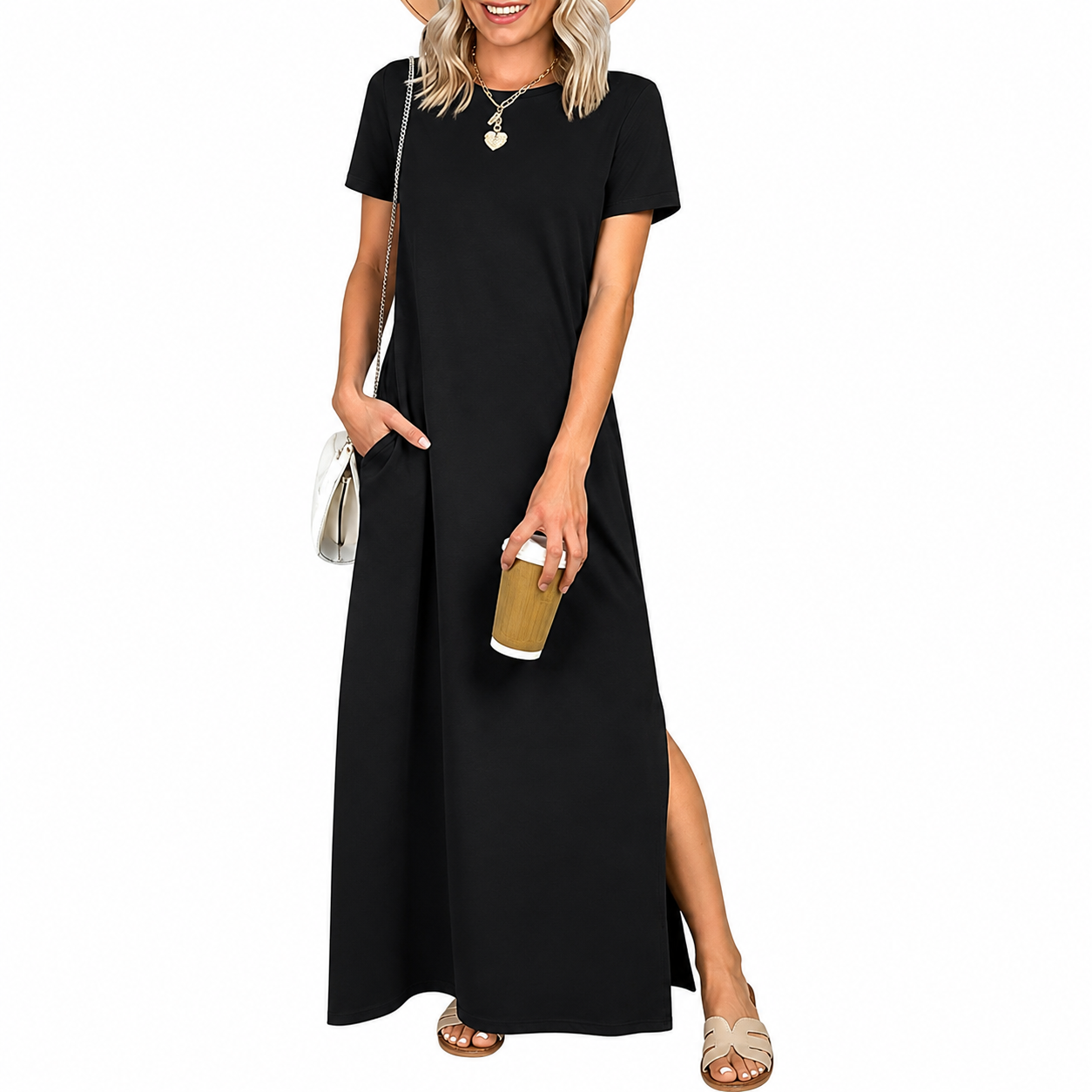 Short Sleeve Casual Maxi Dress With Split Design For Women