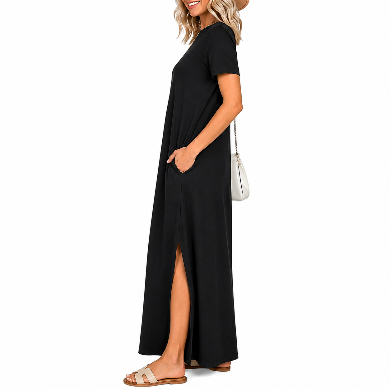 Short Sleeve Casual Maxi Dress With Split Design For Women