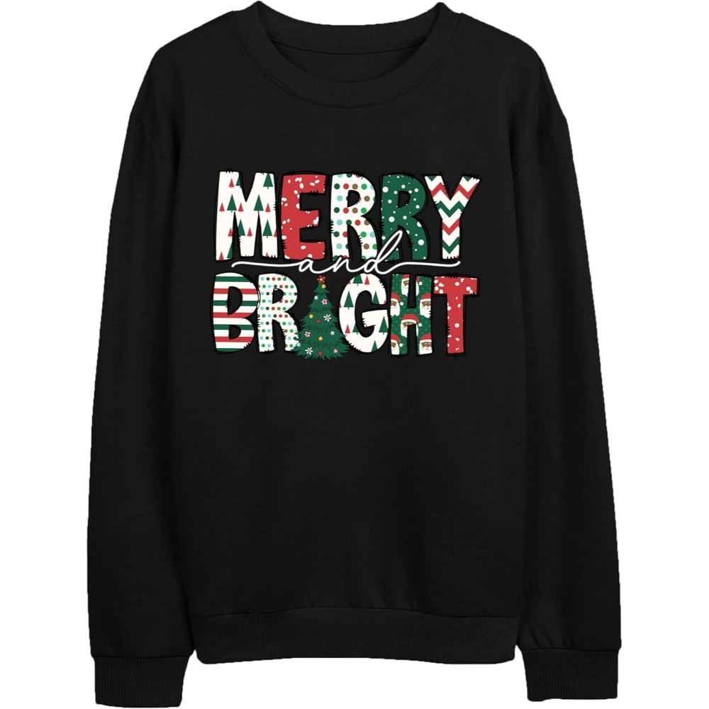 Christmas Sweatshirts With Merry And Bright Holiday Print For Women