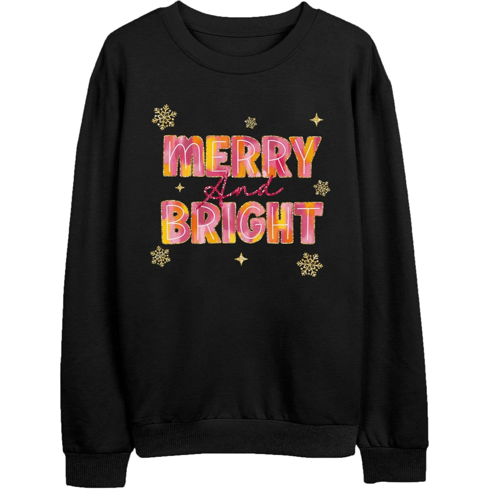 Christmas Sweatshirts With Merry And Bright Holiday Print For Women