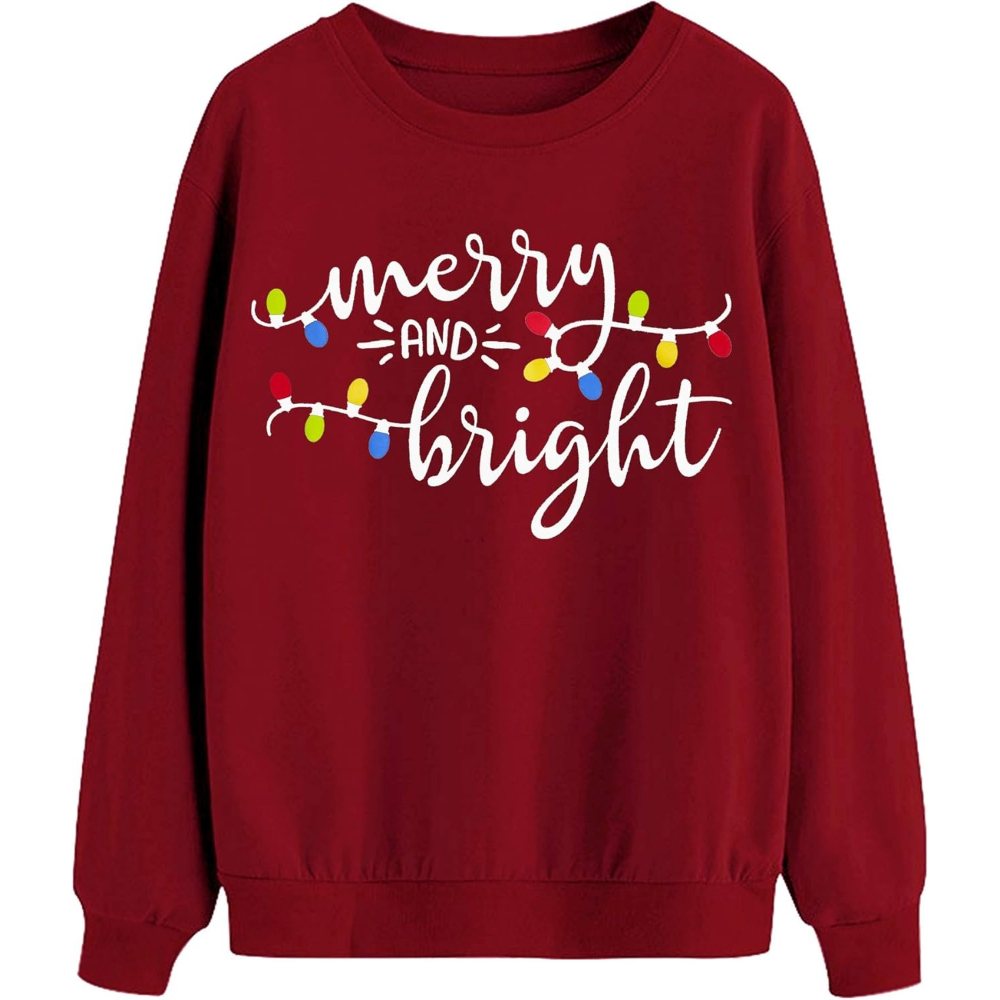 Christmas Sweatshirts With Merry And Bright Holiday Print For Women