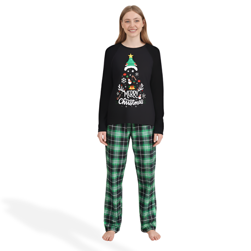 Merry Christmas Tree Print Plaid Pajama Set With Long Sleeve Tops And 