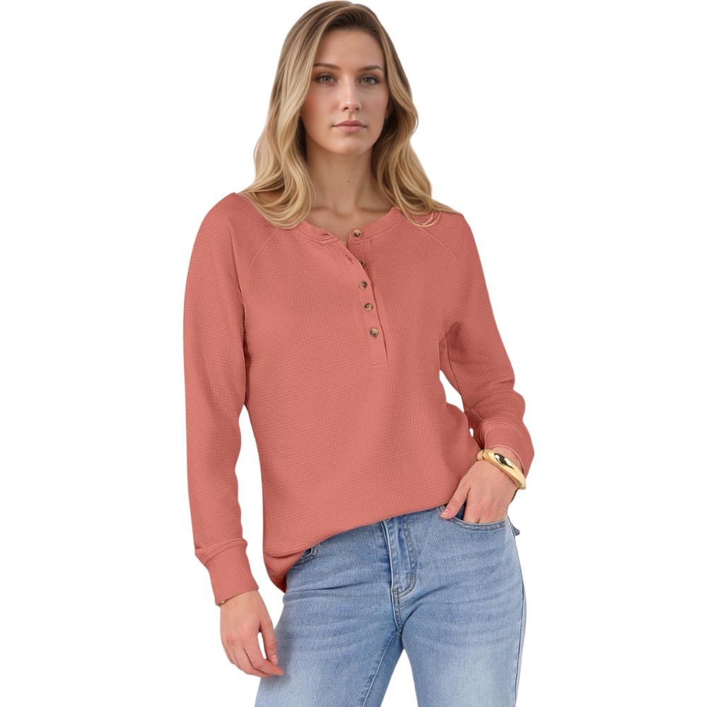 Women's Long Sleeve Waffle Knit Shirts Dressy Casual Loose Button Up V Neck