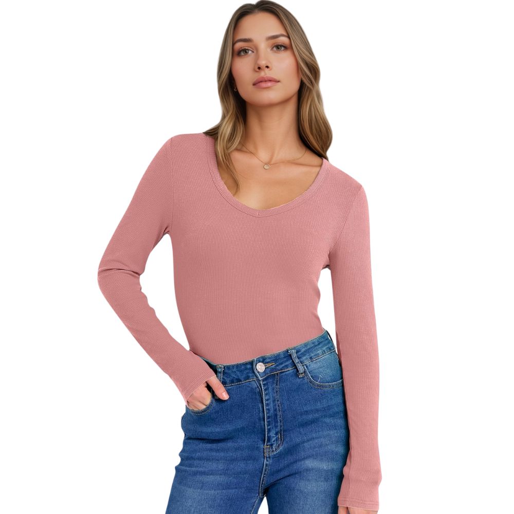 Long Sleeve Shirts for Women V Neck Ribbed Knit Fitted Fall Basic Tshirts