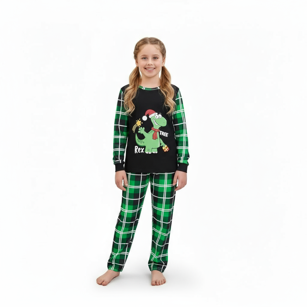 Dinosaur Rex Tree Printed Plaid Family Matching Christmas Pajama Set