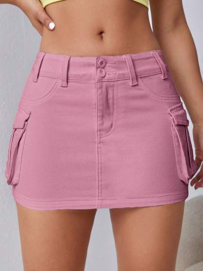Flap Pocket Denim Mini Skirt