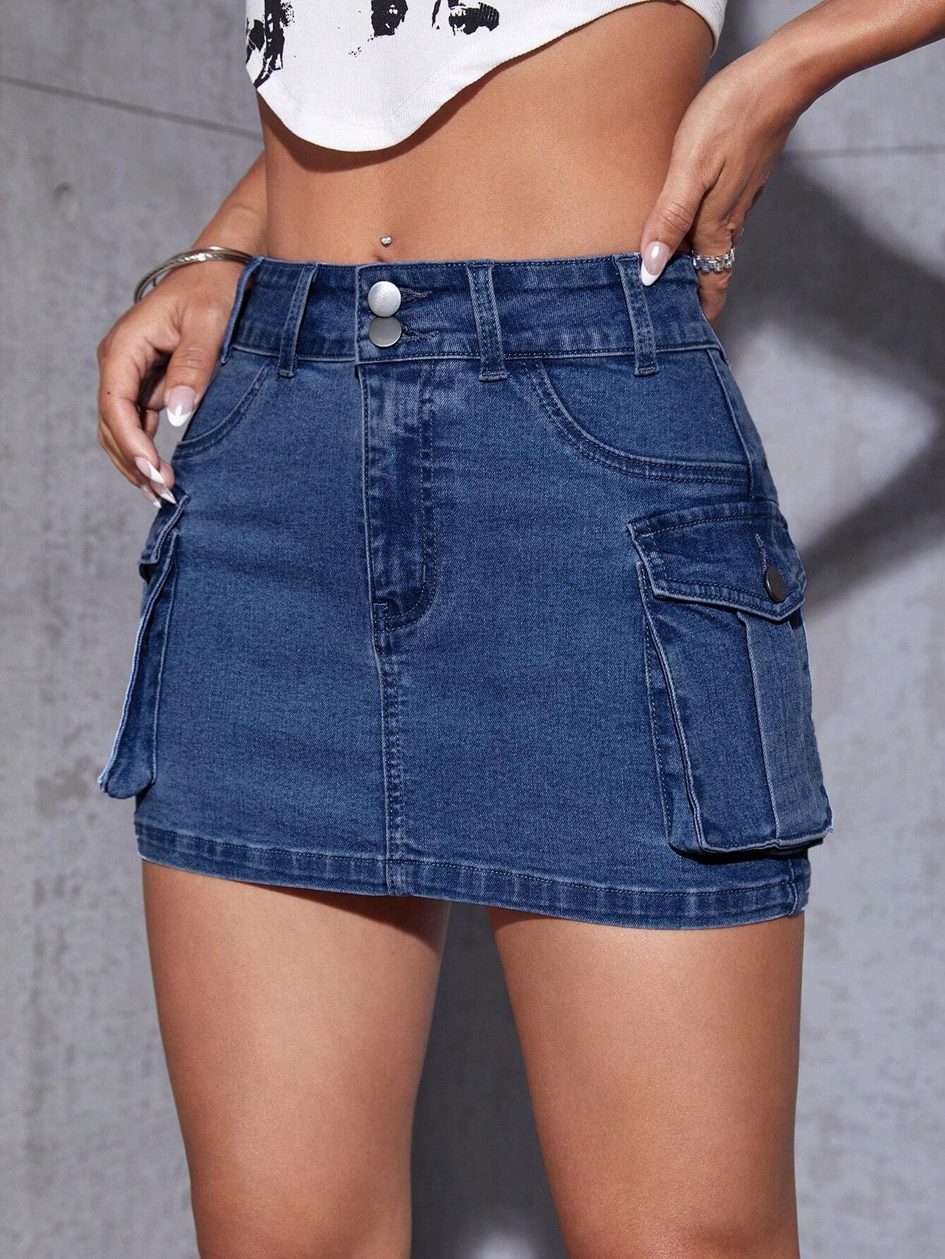 Flap Pocket Denim Mini Skirt