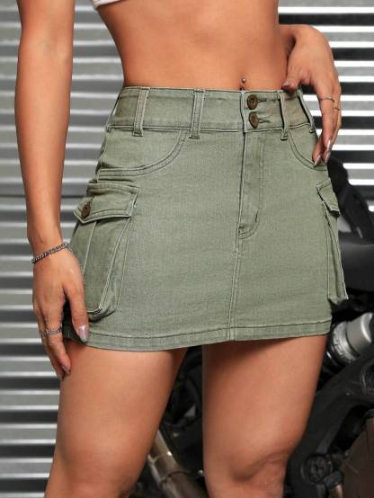 Flap Pocket Denim Mini Skirt