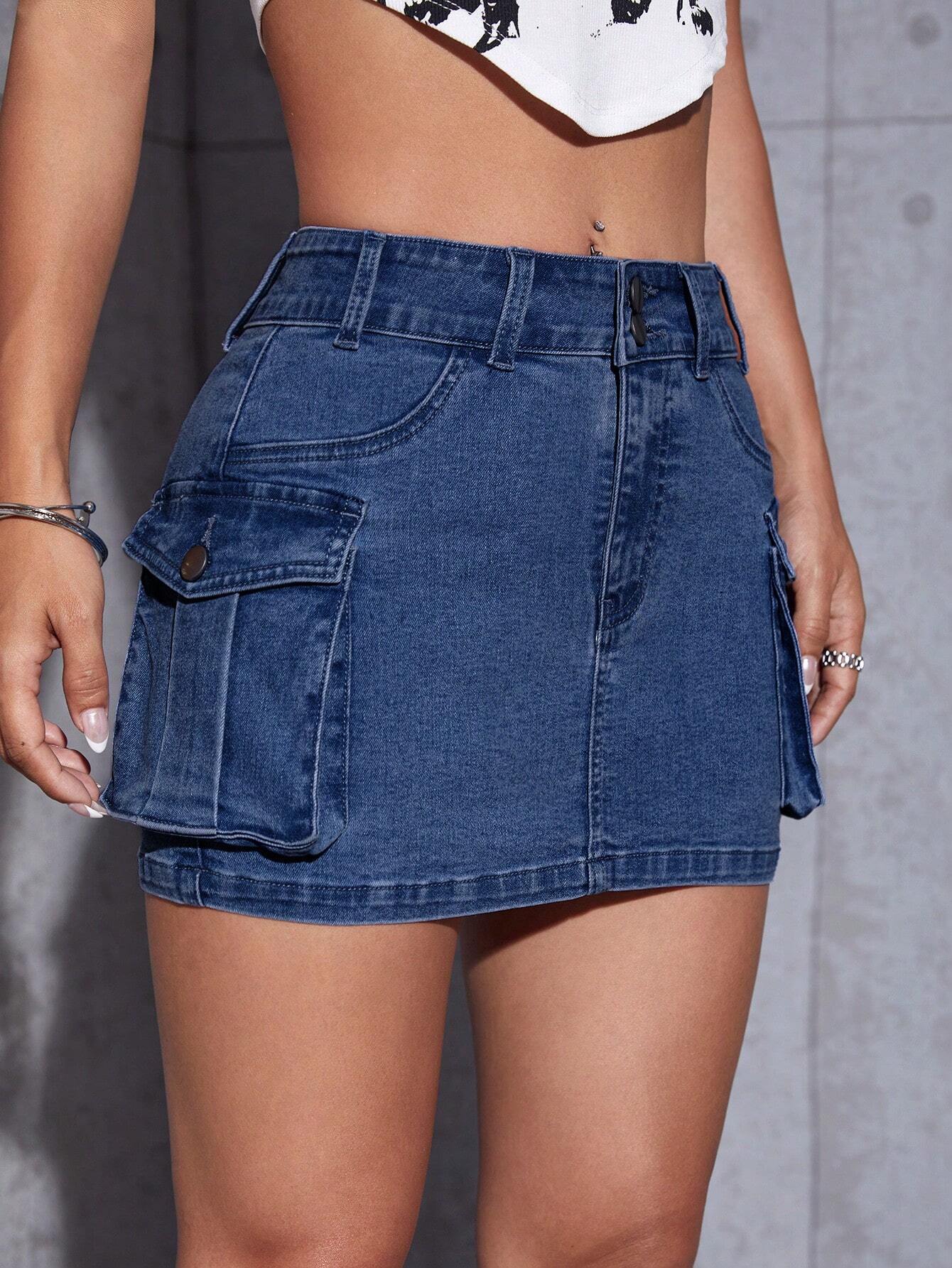 Flap Pocket Denim Mini Skirt