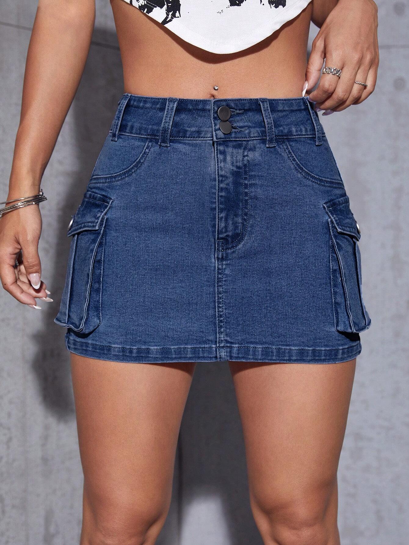 Flap Pocket Denim Mini Skirt