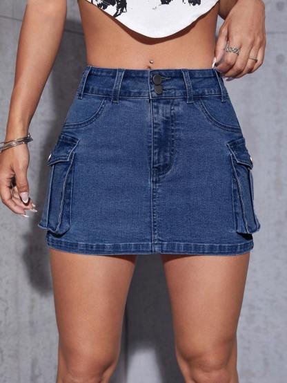 Flap Pocket Denim Mini Skirt
