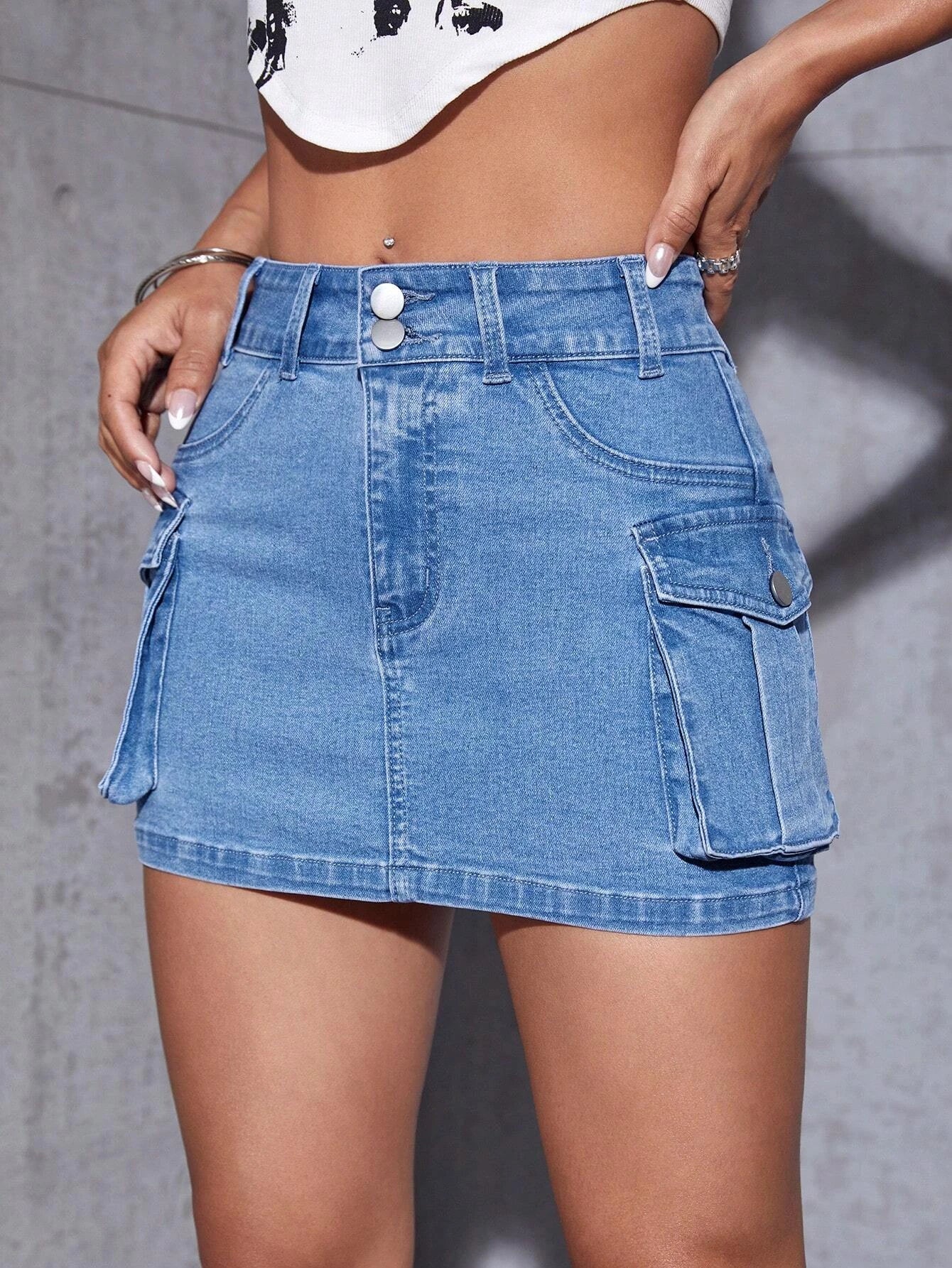 Flap Pocket Denim Mini Skirt