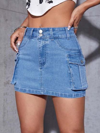 Flap Pocket Denim Mini Skirt
