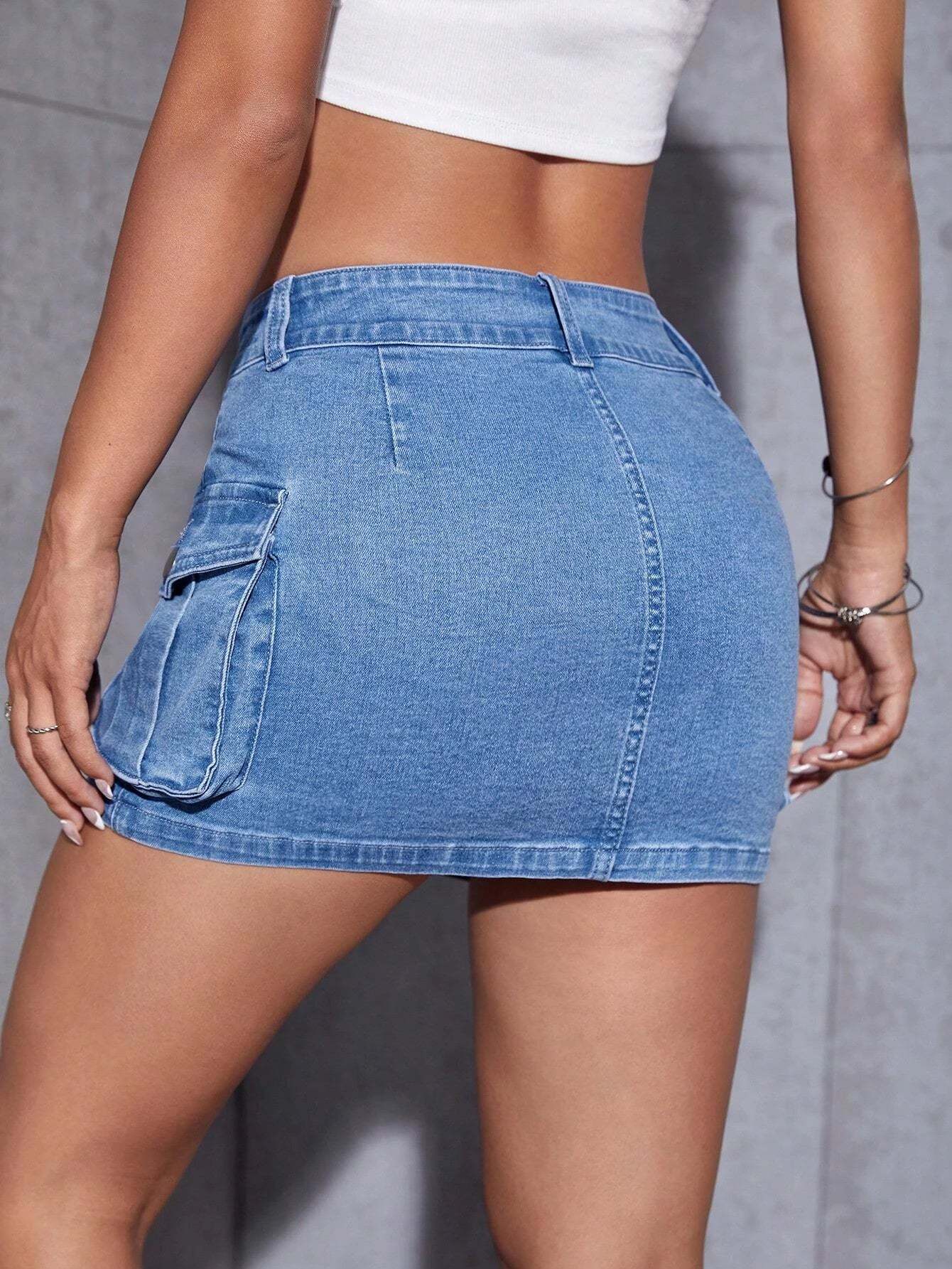 Flap Pocket Denim Mini Skirt