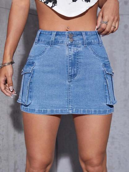 Flap Pocket Denim Mini Skirt