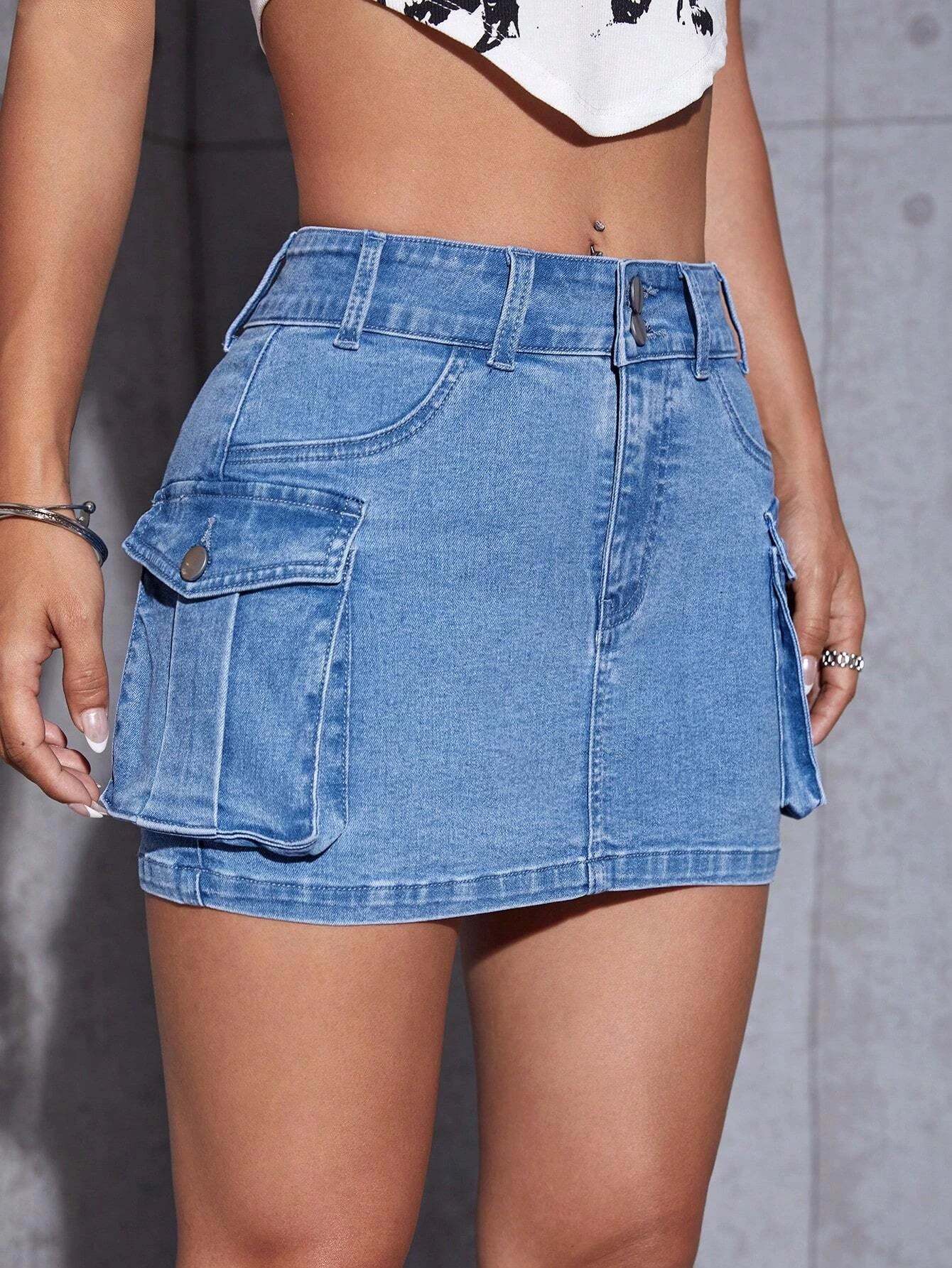 Flap Pocket Denim Mini Skirt