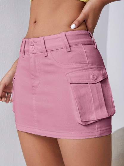 Flap Pocket Denim Mini Skirt