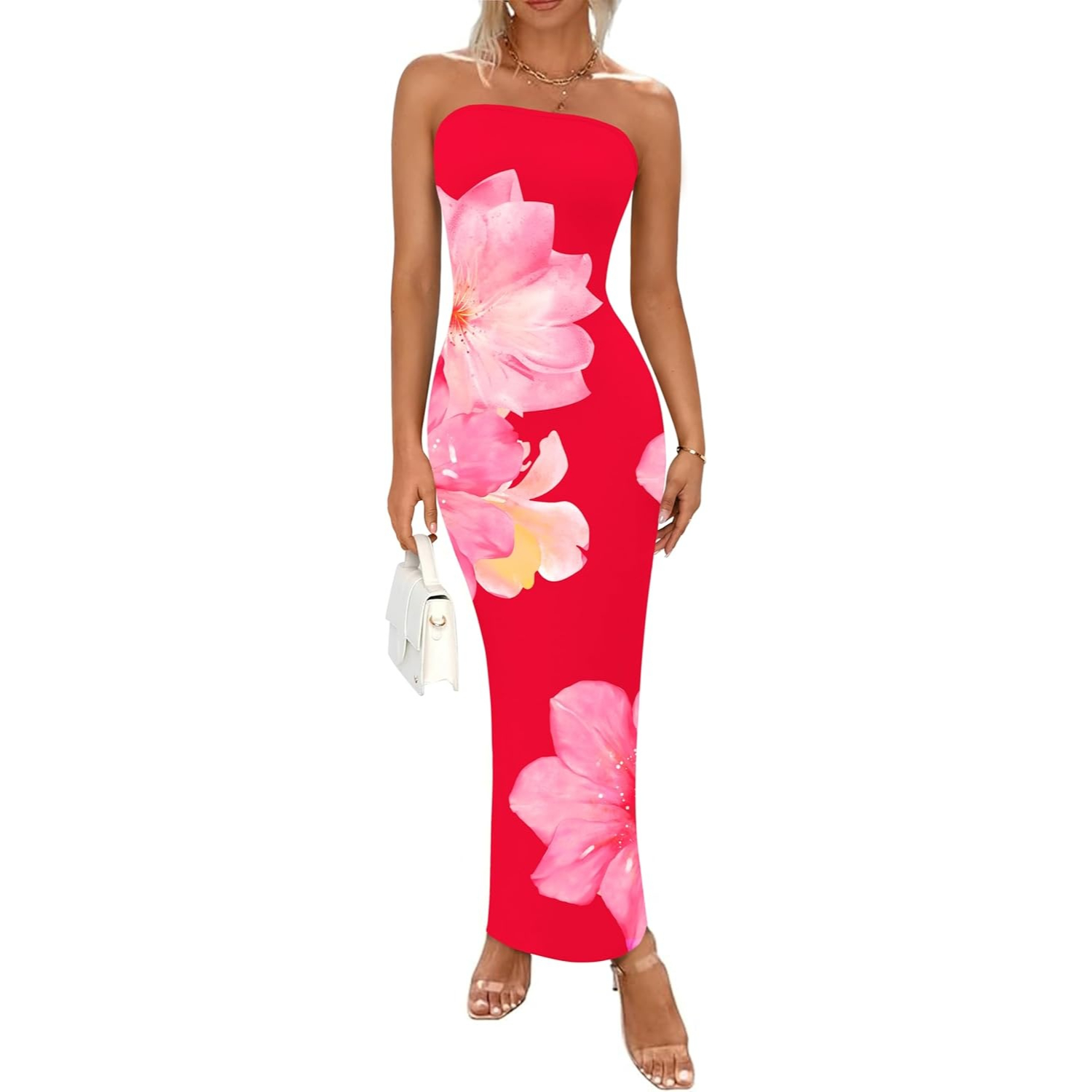 Formal Floral Strapless Mesh Maxi Dress
