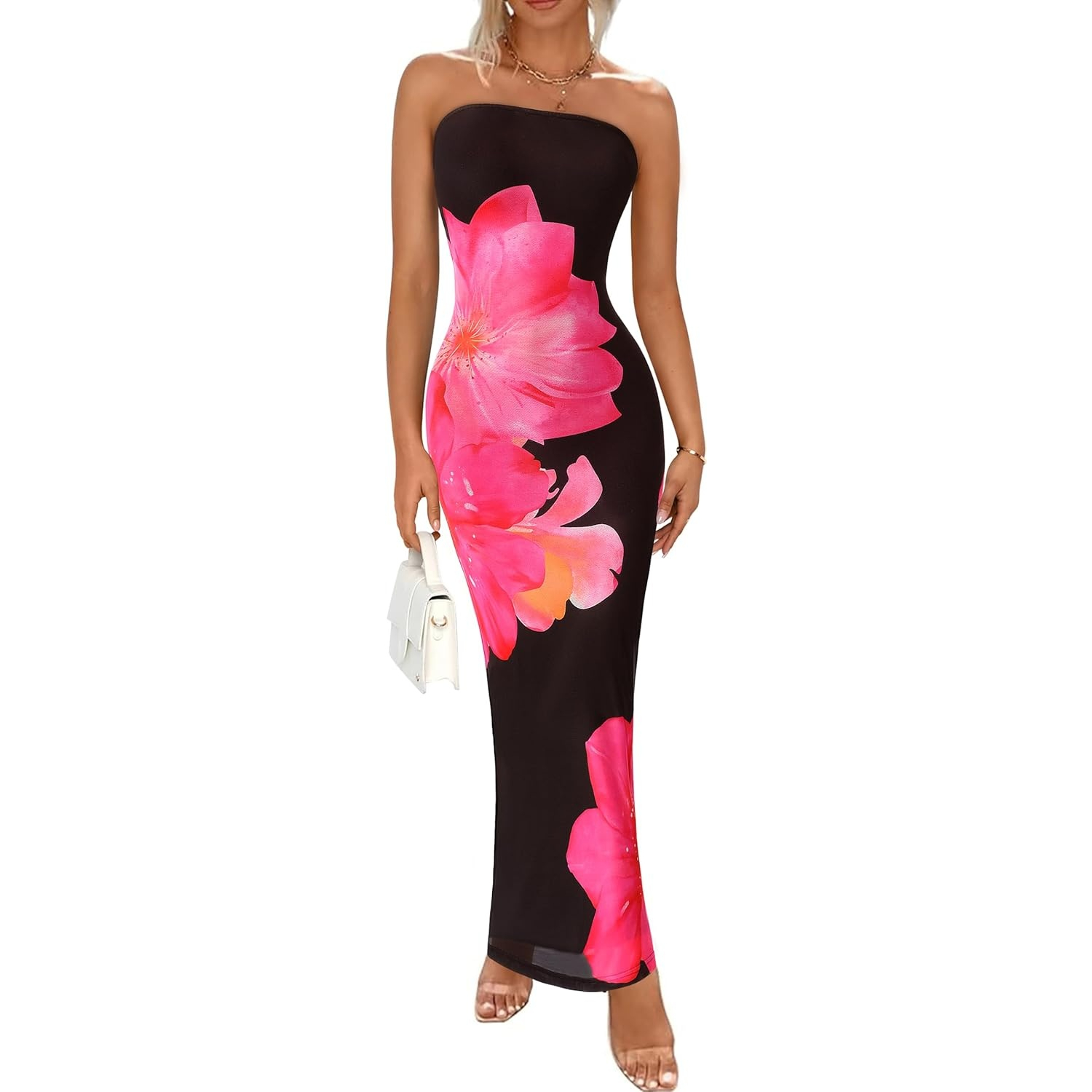 Formal Floral Strapless Mesh Maxi Dress