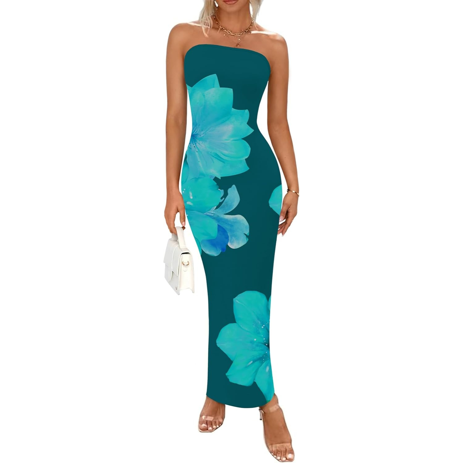 Formal Floral Strapless Mesh Maxi Dress