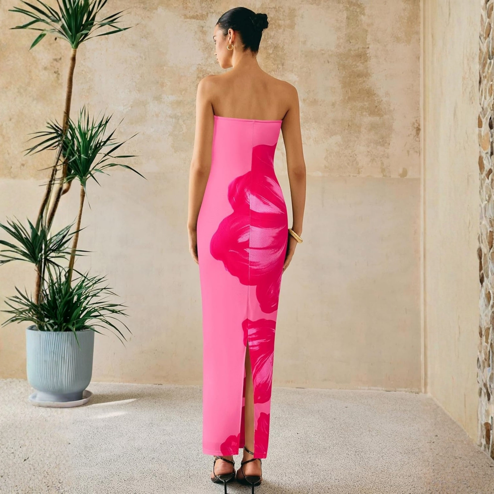 Formal Floral Strapless Mesh Maxi Dress