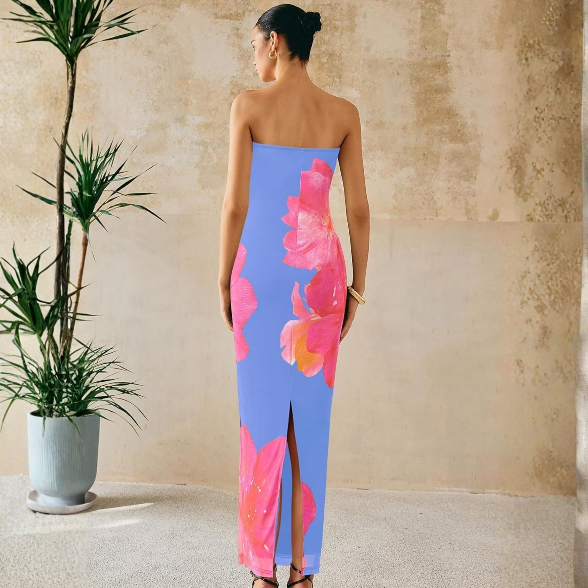 Formal Floral Strapless Mesh Maxi Dress