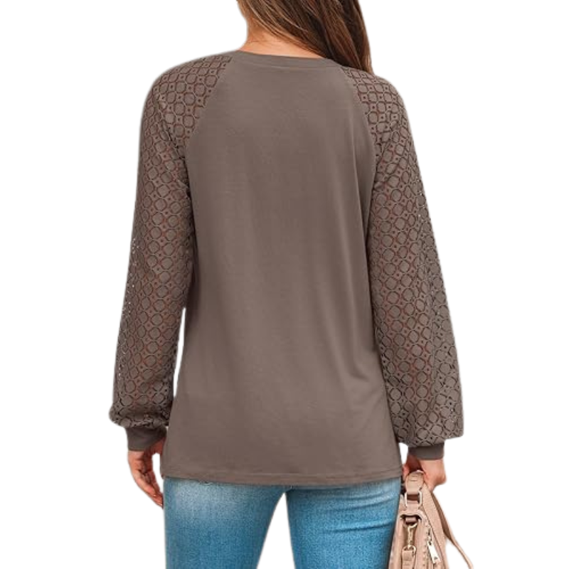 Long Sleeve Tops With Pleated Front And Lace Detail For Women