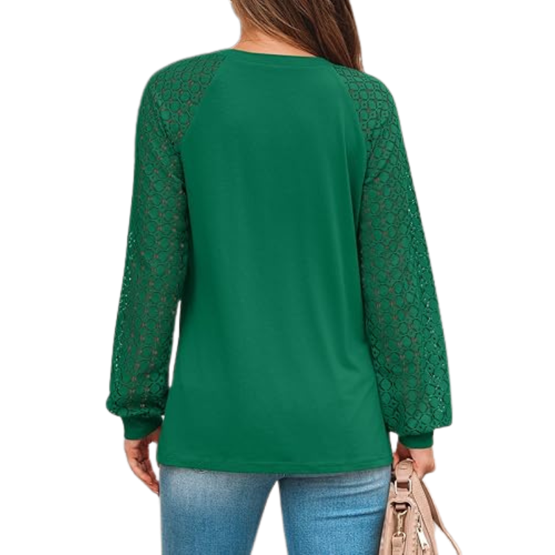 Long Sleeve Tops With Pleated Front And Lace Detail For Women