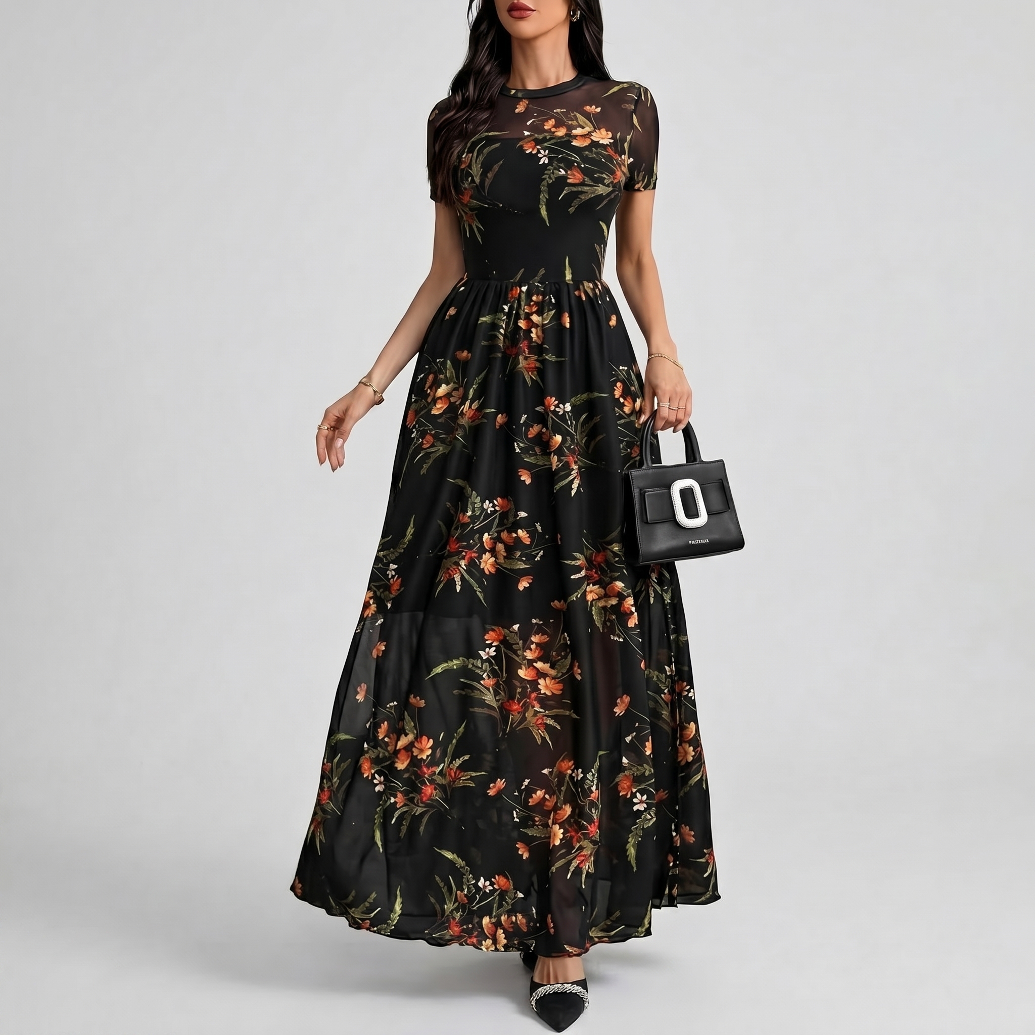 Mesh Short Sleeve Floral Print Maxi For Women