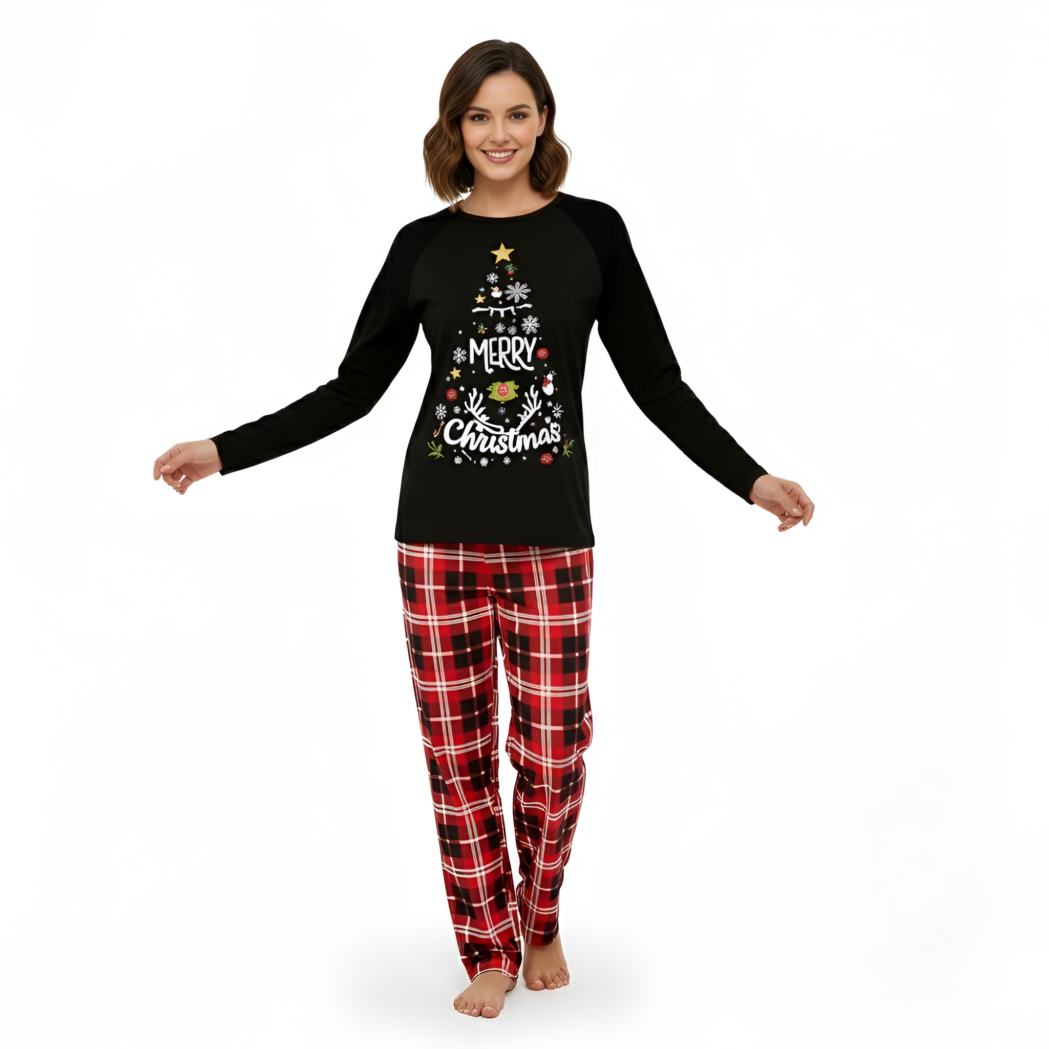 Merry Christmas Tree Printed Family Matching Plaid Pajama Set