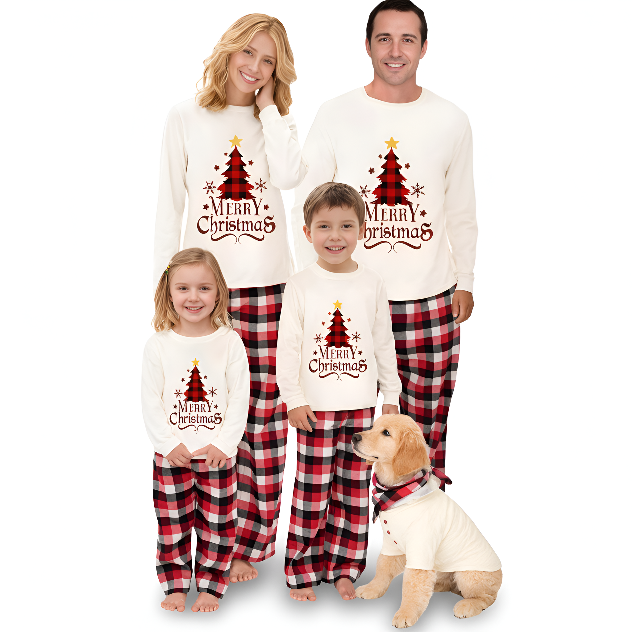 Merry Christmas Tree with Plaid Pants and Pet Outfit Family Matching Pajama Sets