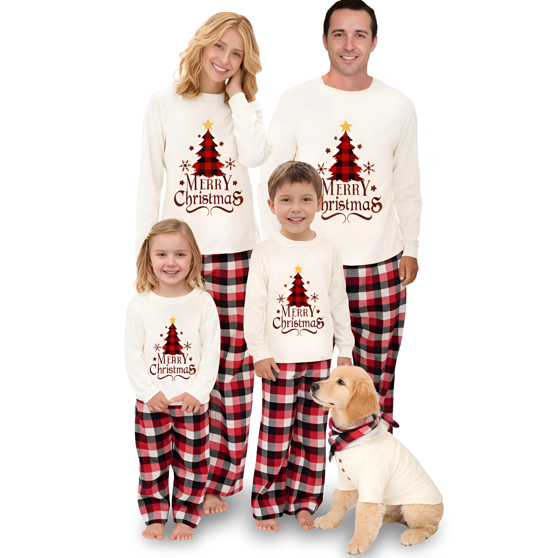 Merry Christmas Tree with Plaid Pants and Pet Outfit Family Matching Pajama Sets