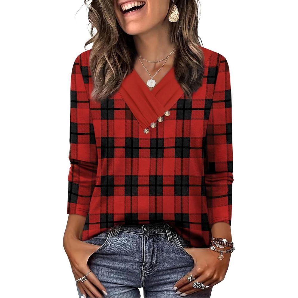 Long Sleeve Shirts for Women Fall Outfits V Neck T Shirts Button Down Tunic Tops