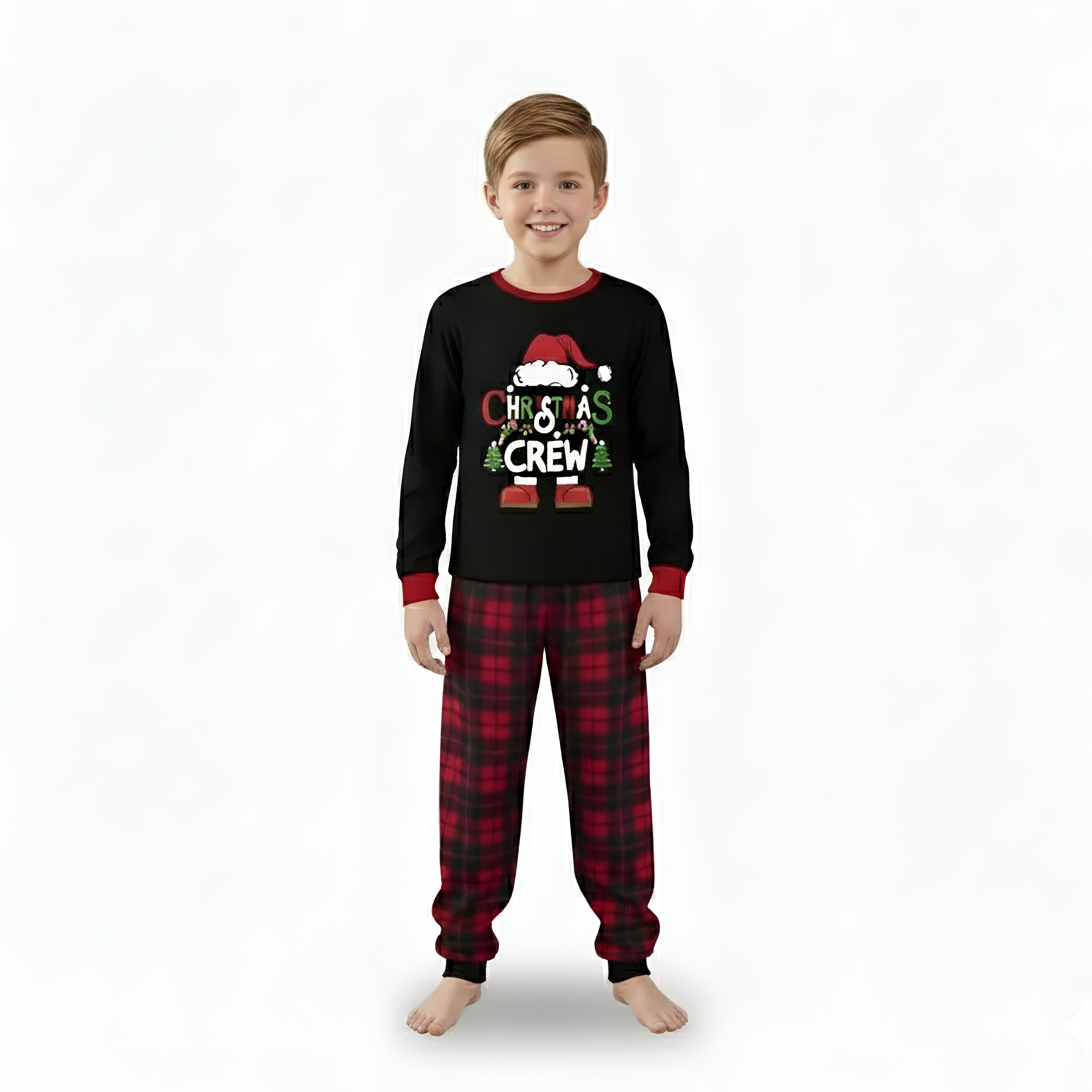 Santa Hat Christmas Crew Printed Family Matching Plaid Pajama Set