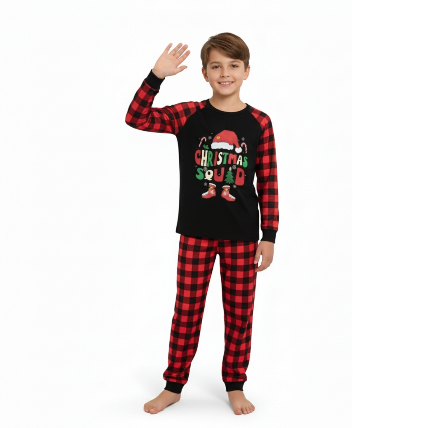 Santa Hat Christmas Squad Printed Family Matching Plaid Pajama Set