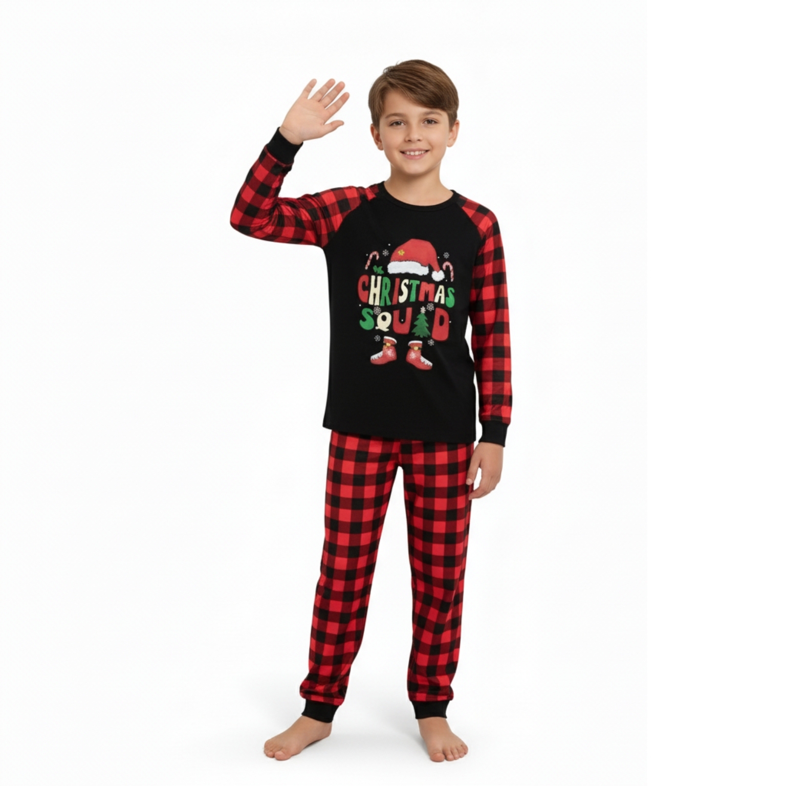 Santa Hat Christmas Squad Printed Family Matching Plaid Pajama Set