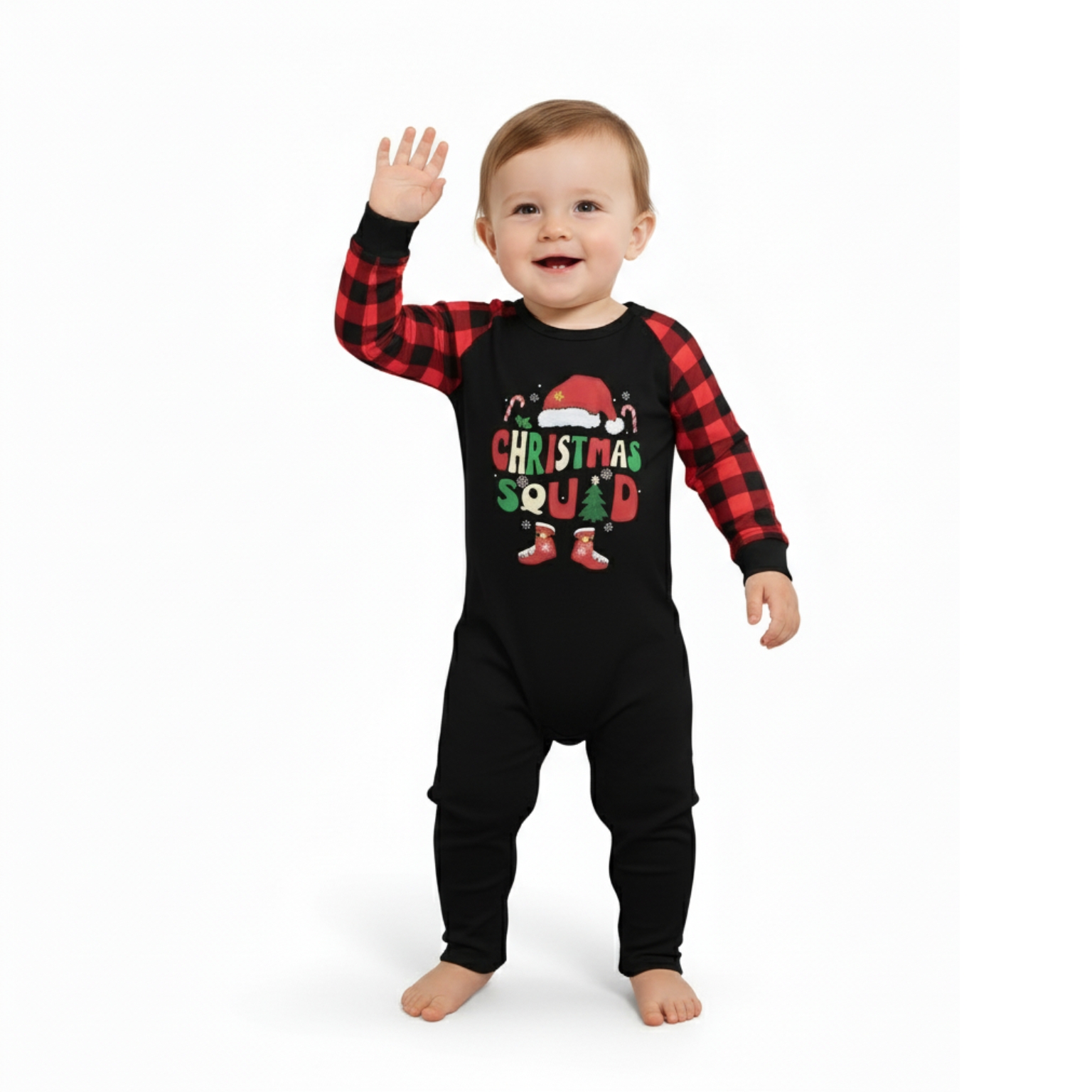 Santa Hat Christmas Squad Printed Family Matching Plaid Pajama Set