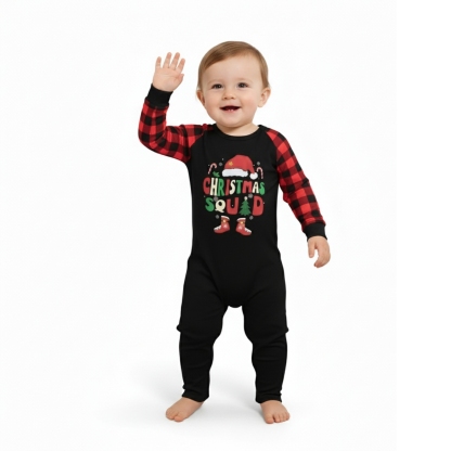 Santa Hat Christmas Squad Printed Family Matching Plaid Pajama Set