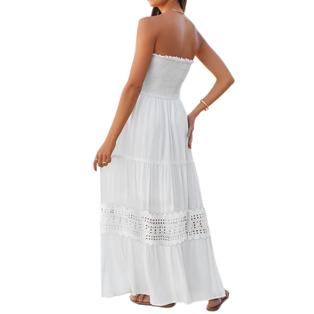 Summer Boho Off Strapless Flowy Lace Line Maxi Dresses For Women