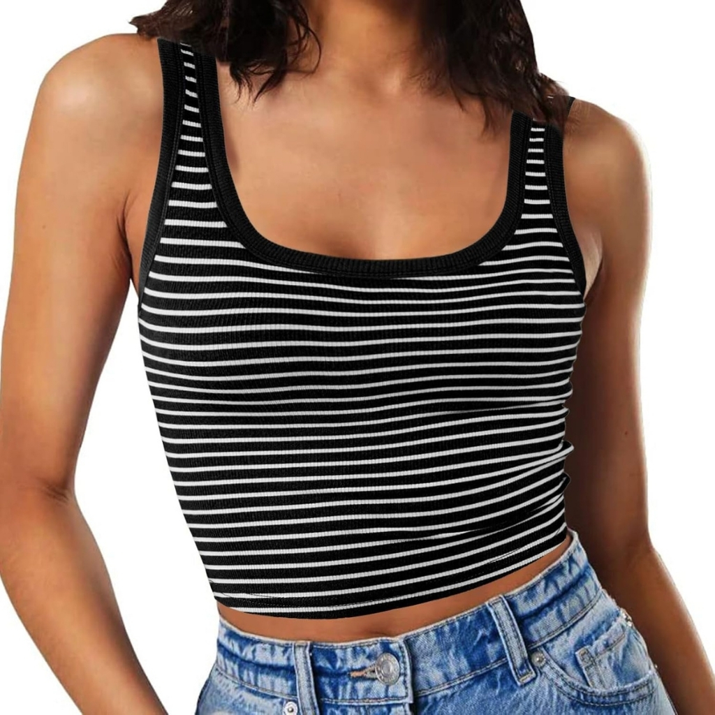 Sleeveless Fitted Tank Top Square Ribbed Basic Tee
